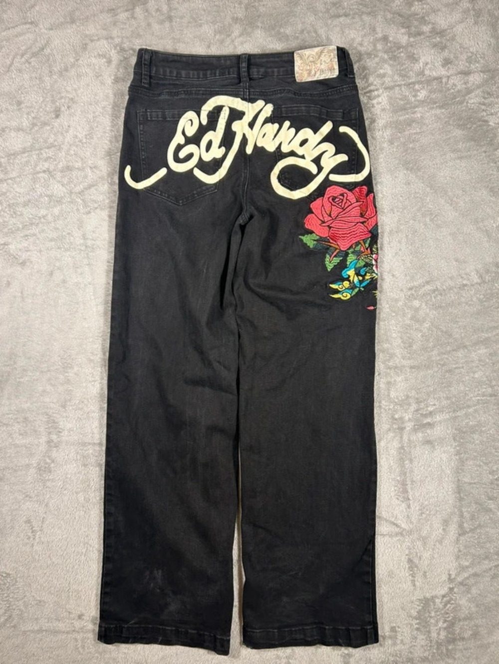 Y2K Ed Hardy Denim Black Skull Rose Embroidered Jeans 30x31